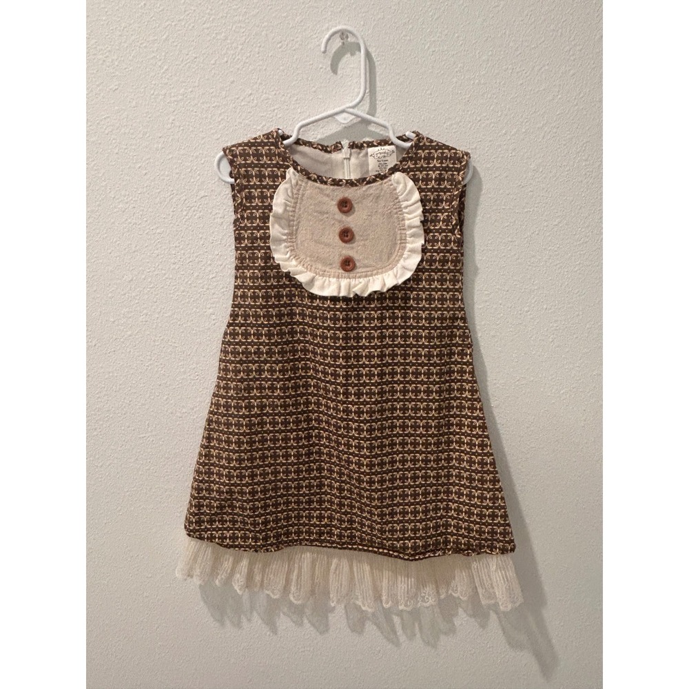 Persnickety Girls Brown Floral Print Bib Dress Lace Trim Size 4 Years